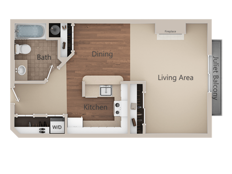 Floor plan for studio, 1 bath, 586 sqft